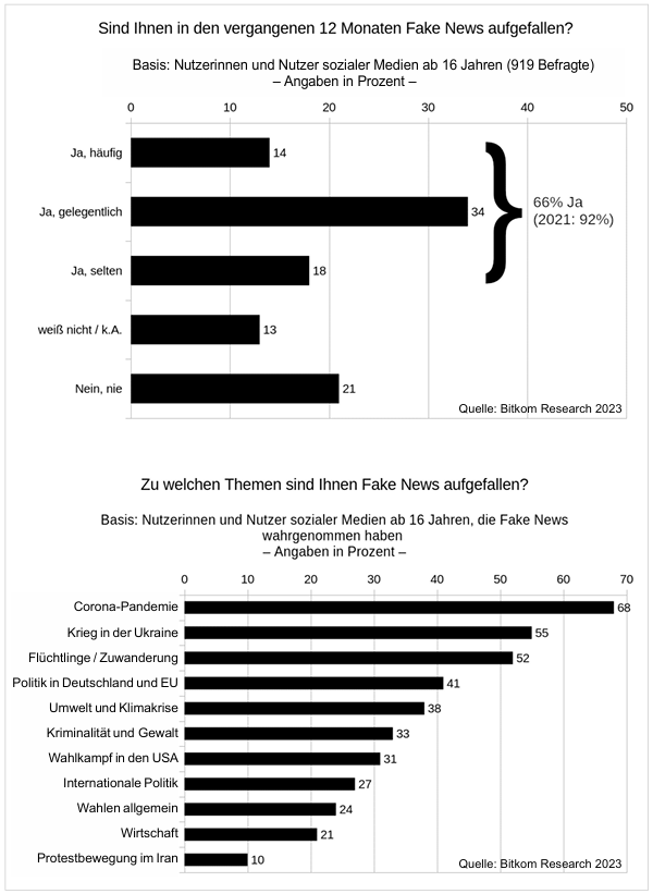 Balkendiagramm zu Fake News bei Social-Media-Nutzern und häufigen Themen.